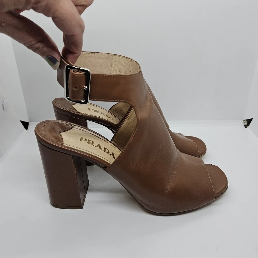 Prada brown leather peeptoe ankle wrap heel booties EU 38
